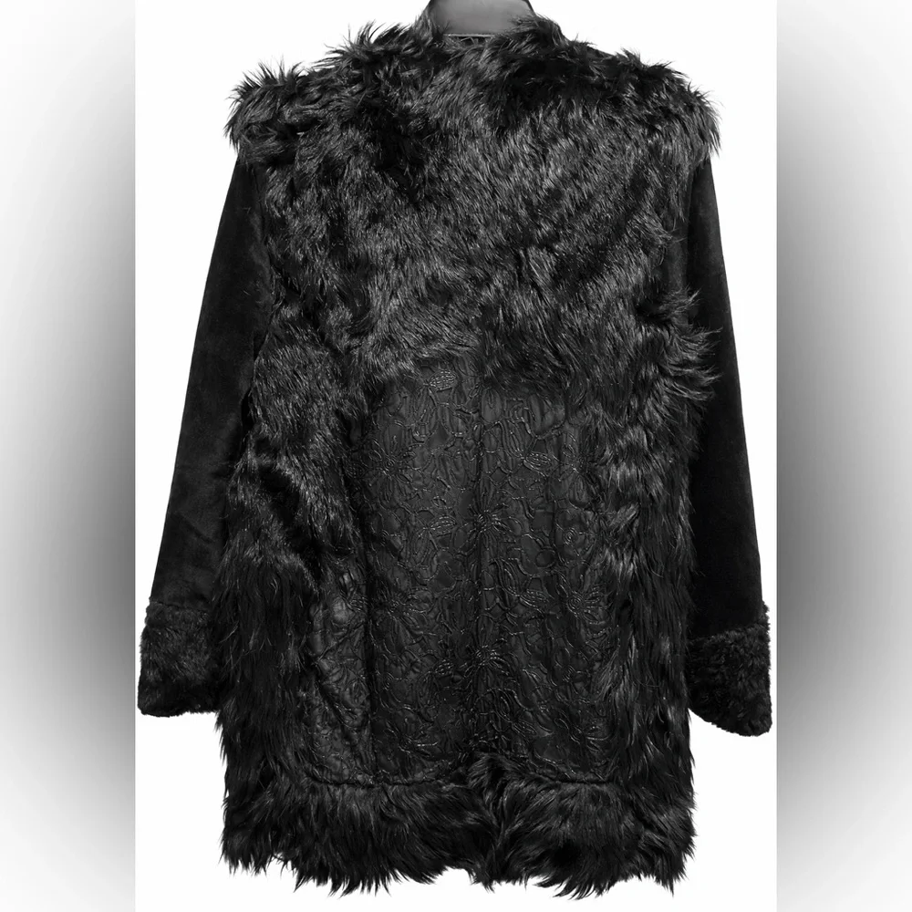 Black Fur Leather Chic Layering Coat M/L NWT High End Designer Statement Luxury - Picture 5 of 14